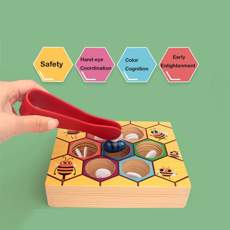 6.5Inx5.4In Fine Motor Skill Toy for Toddlers,Clamp Bee to Hive Matching Game,Montessori Wooden Color Sorting Puzzle