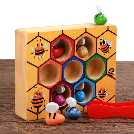 6.5Inx5.4In Fine Motor Skill Toy for Toddlers,Clamp Bee to Hive Matching Game,Montessori Wooden Color Sorting Puzzle
